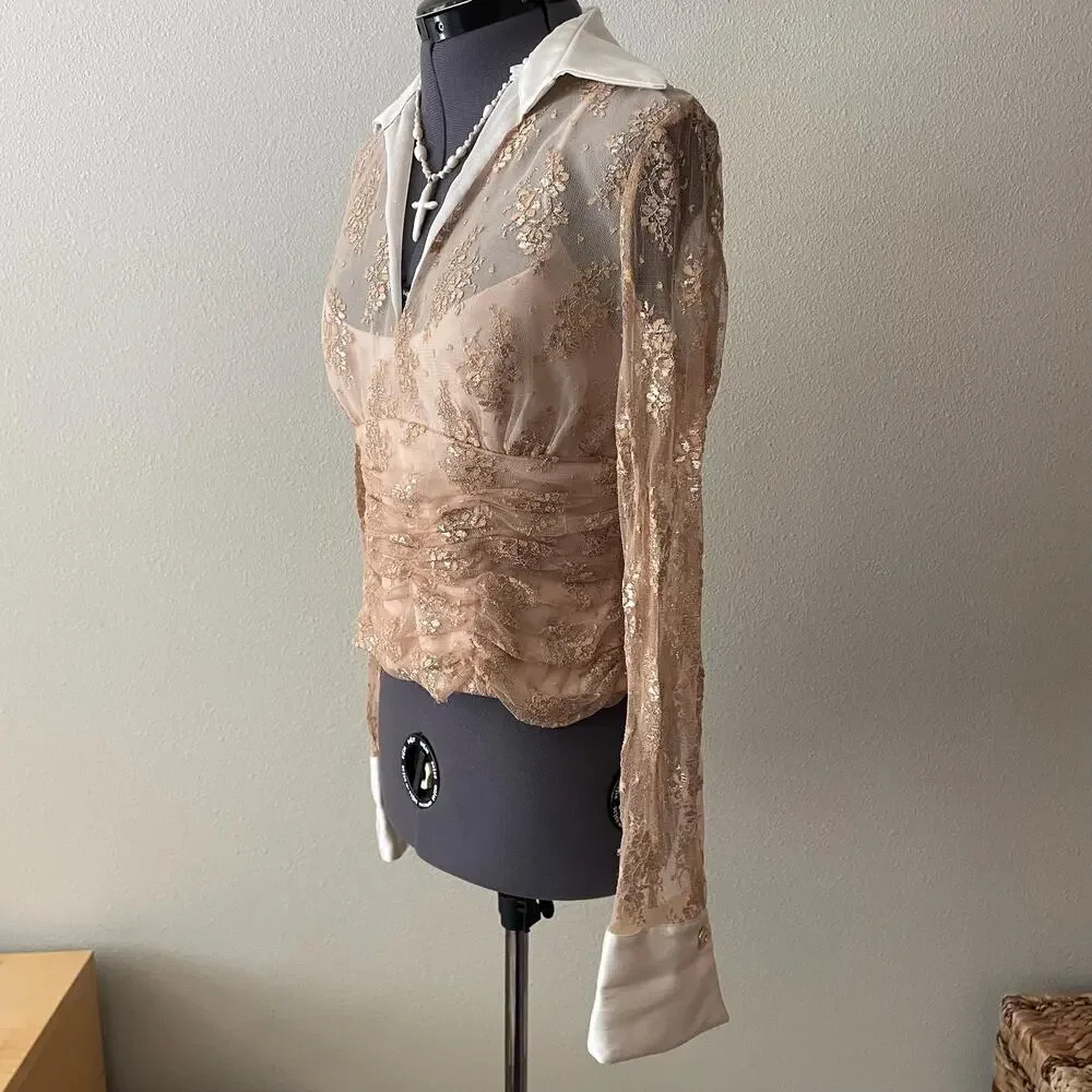 90s vintage gold lace sheer long sleeve collared top glam it girl - Picture 3 of 9